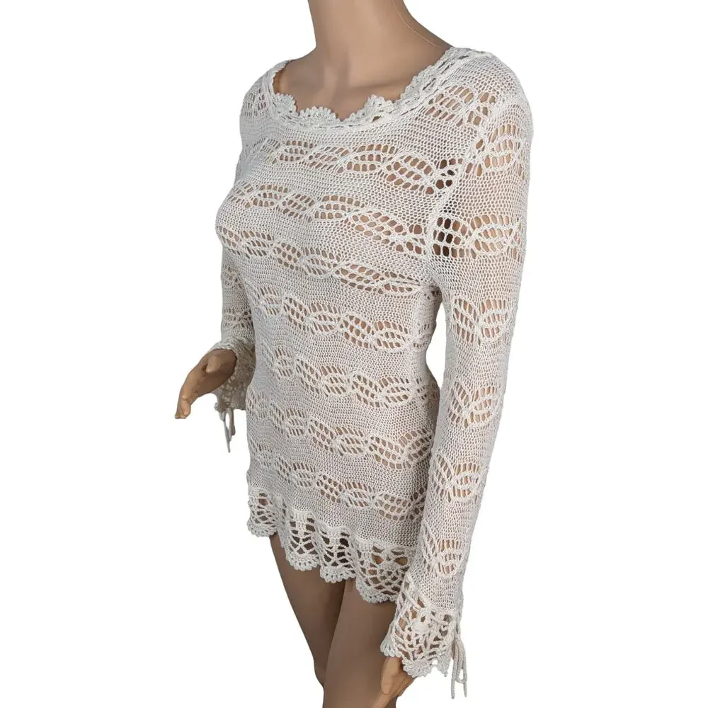 Vintage Joseph A Ivory Open Crochet Knit Sweater Scalloped Pointelle Coquette L